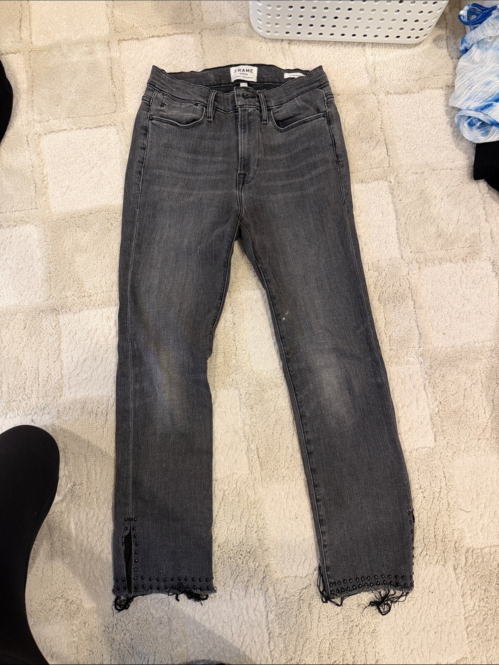 FRAME Black Washed Le High Straight  Jeans with Studded Raw Hem